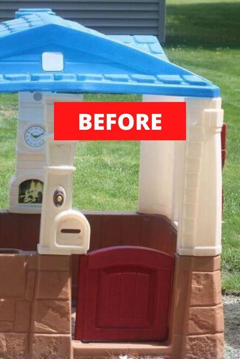 Kids Outside Playhouse, Step 2 Playhouse Makeover, Playhouse Upgrade, Makeover Playhouse, Kids Plastic Playhouse, Diy Playhouse Outdoor, Outdoor Playhouse Makeover, Plastic Playhouse Makeover, Kids Playhouse Makeover