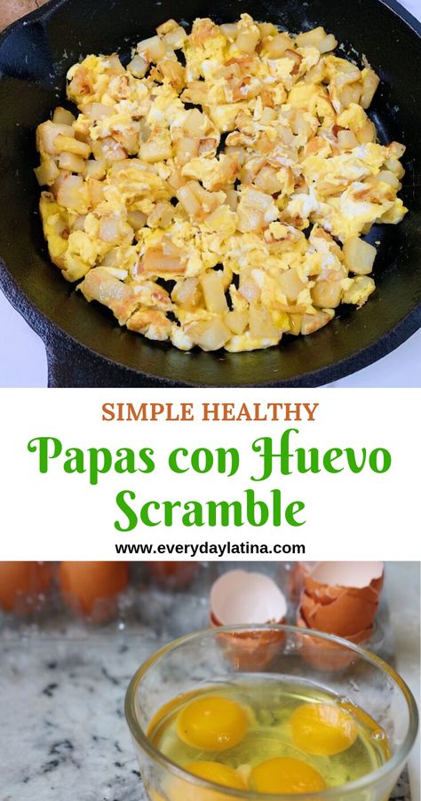 Papas con Huevo (Potato and Egg Scramble) uses 3 simple ingredients to create a healthy, Whole30, and flavorful breakfast the whole family will enjoy. #whole30breakfast #kidfriendlyfood #mexicanrecipes Scrambled Eggs And Potatoes Breakfast, Potato And Egg Scramble, Potato And Egg Breakfast Taco, Breakfast Potatoes Skillet With Eggs, Chorizo Egg Potato Skillet, Potato And Egg Breakfast, Leftover Baked Potatoes, Mexican Breakfast Recipes, Waffle Recipes