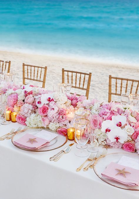 Beach Reception Decorations, Wedding Decorations Beach, Caribbean Beach Wedding, Wedding Table Pink, Beach Reception, Beach Wedding Pink, Colin Cowie Wedding, Colin Cowie, Pink Wedding Decorations