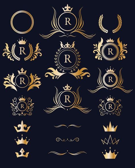 Victorian royal brand logo design collection. Classic luxury logotype. Elegant logo with crown set. Croquis, Royal Brand Logo, Royal Logo Design Ideas, Logo Crown Design, Royal Logo Design Creative, Royal Family Logo, Victorian Logo Design, Crown Logo Design Ideas, Luxury Logo Design Inspiration