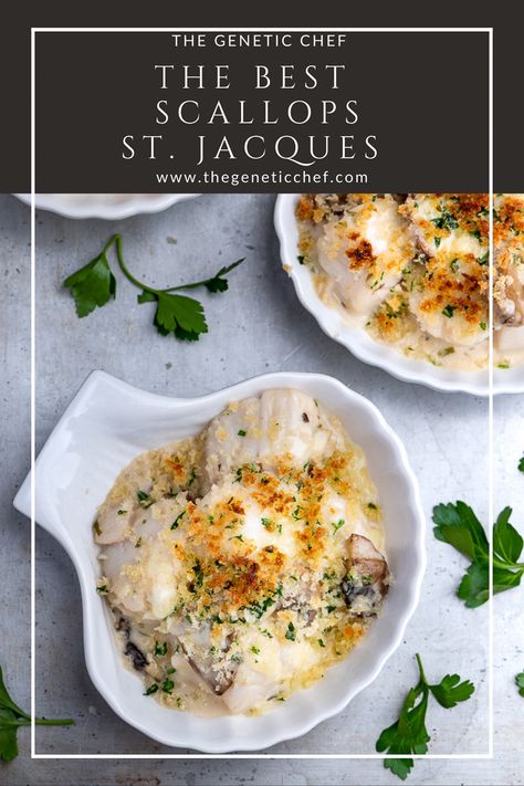 If you love scallops, you’ll absolutely love this dish. Sea scallops are poached in a wine flavored broth, tossed in a creamy sauce loaded with sauteed shallots and mushrooms, then topped with cheese and buttered crumbs. How does that sound?
#scallops #dinnerrecipes #scallopsstjacques #seafoodrecipes | @thegeneticchef Scallop Recipes Baked, Best Scallops, Best Scallop Recipe, Scallop Appetizer, Baked Haddock, Scallop Dishes, Coquille St Jacques, Baked Scallops, Shrimp Scallops