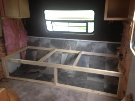 Under Bed Storage Camper, Rv Hidden Storage, Camper Bed Remodel, Diy Camper Bedroom Remodel, Travel Trailer Master Bed Remodel, Rv Bedroom Remodel Before And After, Rv Bed Remodel, Camper Bedroom Storage, Travel Trailer Bedroom Remodel