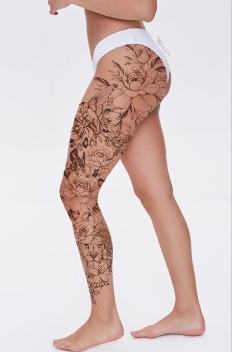 Large Floral Leg Tattoo, Women’s Leg Tattoo Floral, Female Leg Sleeve Tattoo Ideas, Back Tattoo Women Full Flowers, Floral Leg Tattoo Sleeve, Lion Leg Sleeve Tattoo, Tattoo Flowers Leg, Lion Leg Tattoo Female, Womens Leg Sleeve