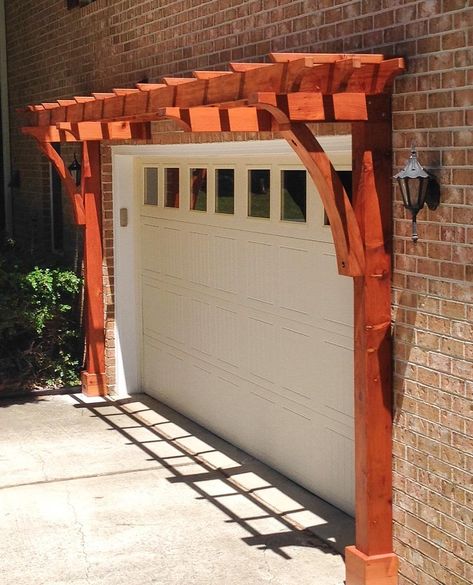 Attached Redwood Arbor Kit that Perfectly Complements your Garage Wooden Trellis, Door Decorating, Modern Front Door, Elegant Curtains, Pergola Designs, Side Yard, Door Decoration, Decorations Ideas, Garage Door