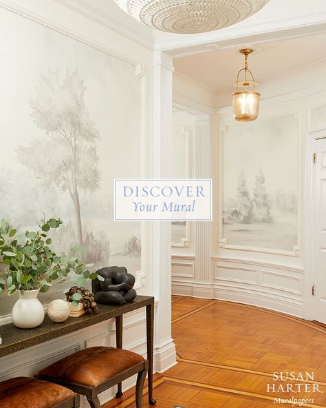 Discover Your Mural: Grisaille Scenic Wallpaper. Modern entryway foyer hallway of Kathy Kuo. Bespoke mural wallpaper custom fitted for architectural moldings. French Country Wall Murals, White Houses With White Windows, Nature Scene Wallpaper, Add Paneling To Wall, Chinoiserie Panels Bedroom, Picture Frame Molding Wallpaper, Dining Room With Picture Frame Molding, Office Before And After, Wallpaper Vaulted Ceiling