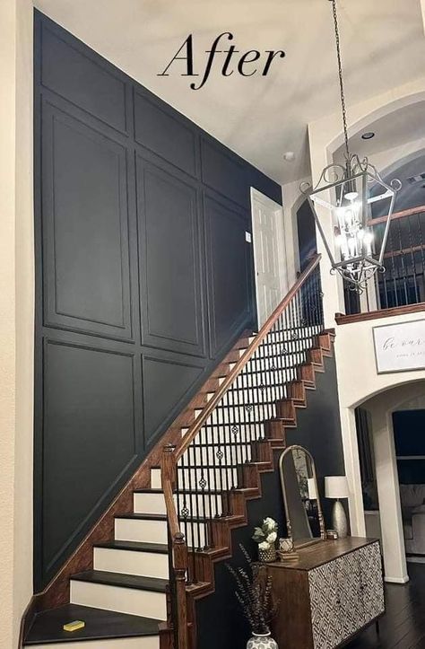 Accent Wall Staircase, Stair Accent Wall, Stairway Accent Wall, Staircase Accent Wall, Stairwell Accent Wall, Stairwell Wall, Staircase Wall Decor, Panel Ideas, Black Accent Walls