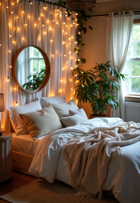 Boho Bedroom with Curtain Lights Twinkle Light Curtain Bedroom, Bedroom Curtain Lights, Curtain Lights Bedroom Ideas, Curtain Lights Ideas, Bedroom Twinkle Lights, Warm Boho Bedroom, Twinkle Lights Bedroom, 2024 Bedroom, Dreamy Atmosphere