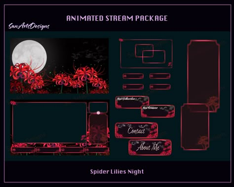 Animated Stream Package Spider Lily Garden, Animated Twitch Overlays Package Magic Lycoris Garden  for Streamer, OBS, StreamLabs The package includes:  - 06 ANIMATED Screens: Starting Soon, Stream Ending, Stream Offline, Be Right Back, 02 Non Text Screen Overlays - 05 Animated Premade Game Screens Layouts, 01 Background for your own settings  - 32 Static Panels - 04 Animated Text boxes: donate, subscribe, follow, cheer - 07 Animated Alerts, including 01 blank one - Individual static stuffs: camb Streamer Layout, Stream Layout, Overlays Twitch, Twitch Overlay, Stream Overlay, Animated Stream Package, Twitch Streaming Setup, Streaming Setup, Lily Garden