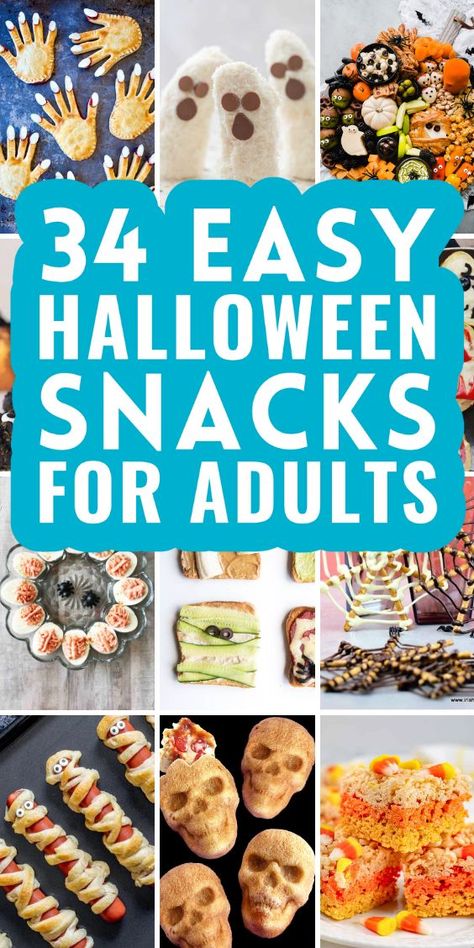 Discover 34 easy Halloween snacks for adults that are perfect for your spooky celebrations! From creative appetizers to wickedly good treats, these Halloween-themed snacks will impress your guests and add a fun twist to your party. Whether you're hosting a haunted gathering or a casual get-together, these recipes are sure to inspire and delight. Click for delicious, easy-to-make Halloween snacks that are perfect for grown-up fun! Fun Spooky Halloween Treats, East Halloween Snacks, Orange Foods For Halloween, Halloween Graveyard Snack, Spooky Snacks Savory, Easy Party Snack Recipes, Halloween Finger Foods Easy, Healthy Halloween Snacks For Adults, Easy Appetizers Halloween