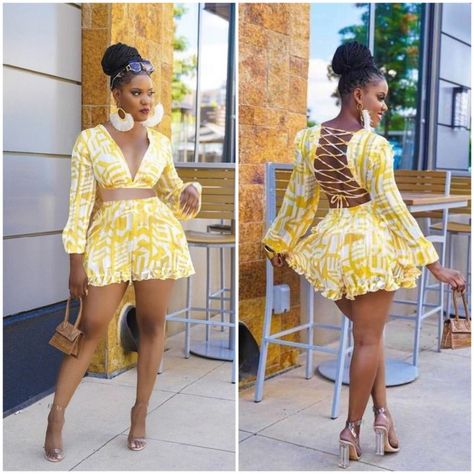 Short Romper Outfit Classy, Short Akanra Gown, Yellow Brunch Outfits Black Women, Brunch Party Outfit, Fancy Short Dresses, Summer Prints Fashion, Modest Dresses Fashion, 2piece Outfits, Chic Dress Classy