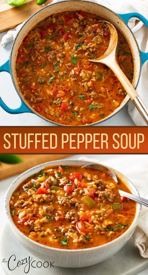 This healthy Stuffed Pepper Soup recipe is easy to make on the Stove Top or in the Crock Pot. It's the BEST soup to satisfy your hunger, with a combination of ground beef or turkey with bell peppers and rice in a savory broth. Stuffed Pepper Soup Recipe, Green Pepper Soup, Pepper Soup Recipe, Bell Pepper Soup, Crockpot Stuffed Peppers, Easy Stuffed Peppers, Soup Vegetarian, Stuffed Peppers Healthy, Jalapeno Recipes