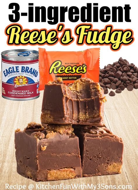 Reese's Peanut Butter Cup Fudge is so rich. This 3-ingredient peanut butter fudge is no bake, too - dessert doesn't get any easier than this! Peanut Butter Chips Fudge, Reese Fudge Recipe, Peanut Butter Cup Fudge, Sweetened Condensed Milk Recipes, Reese's Peanut Butter Cup, Homemade Fudge Recipes, Peanut Butter Fudge Recipe, Peanut Butter Fudge Easy, Microwave Fudge