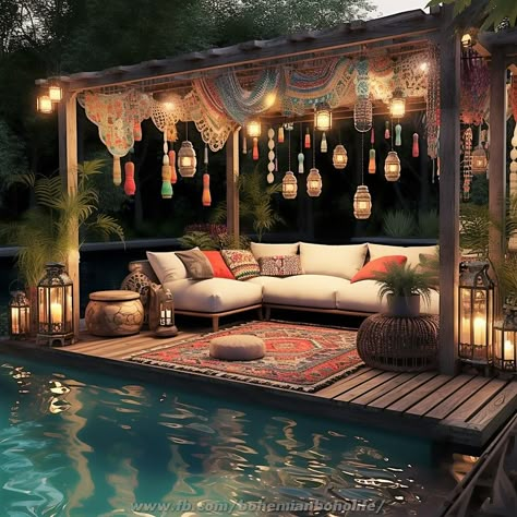 Boho Gazebo Decor, Home Yoga Room Ideas Bohemian, Beach Themed Backyard Ideas, Bohemian Porch Ideas, Sunroom Decorating Ideas Bohemian, Bohemian Pergola, Boho Gazebo, Backyard Yoga Space, Outdoor Yoga Space