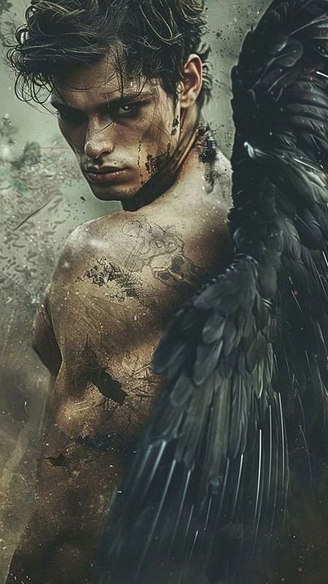 Nephilim Aesthetic, Angel With Black Wings, Male Fallen Angel, Dark Fae Aesthetic, Fae Aesthetic, Male Angels, Male Angel, Character Inspiration Male, Fallen Angels