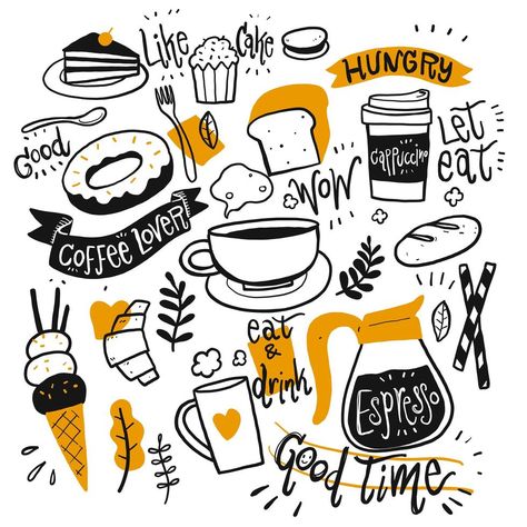 Flat Design Poster, Coffee Doodle, Doodle Wall, Arte Doodle, Cafe Wall Art, Coffee Equipment, Coffee Illustration, Drawing Vector, Bakery Design