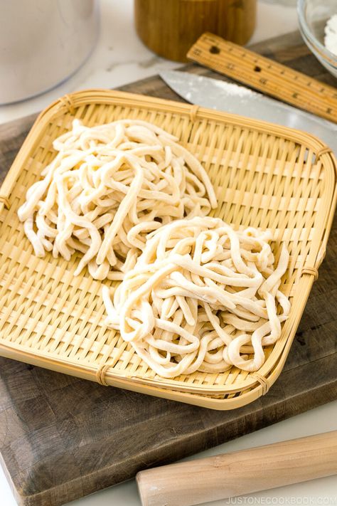 Let's learn how to make udon noodles from scratch with the traditional Japanese method. It's easy & fun and you will be rewarded with delicious chewy homemade noodles that are far more superior than store-bought ones! #udon #udonnoodle | Easy Japanese Recipes at JustOneCookbook.com How To Make Udon Noodles From Scratch, How To Make Udon Noodles, Japanese Pan Noodles, Vegan Udon Noodles, Udon Noodle Recipe, Vegan Udon, Noodles From Scratch, Making Noodles, Noodle Recipes Homemade