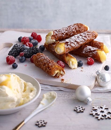 Brandy snaps with lemon cream and berries recipe | Dessert recipe :: Gourmet Traveller Brandy Snap, Brandy Recipe, Recipes Gourmet, Brandy Snaps, Raspberry Cream, Australian Food, British Baking, Berries Recipes, Christmas Lunch