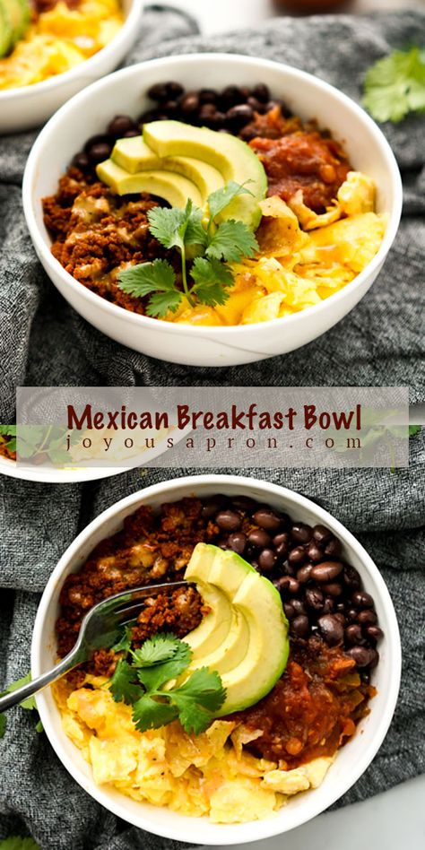 Mexican Breakfast Bowl - easy and yummy 20-minute healthy brunch recipe in a bowl! Scrambled eggs, chorizo, black beans, avocados, salsa and cilantro, topped with chipotle ranch dressing. #mexican #breakfast #brunch #healthy #bowlrecipe #eggs #chorizo #blackbeans #recipe #joyousapron Southwestern Breakfast Bowl, Mexican Breakfast Side Dishes, Breakfast Burrito Bowl Meal Prep, Refried Bean Breakfast, Black Bean Egg Breakfast, Beans Eggs Breakfast, Mexican Style Eggs, Eggs And Black Beans Breakfast, Chorizo Bowl Recipes