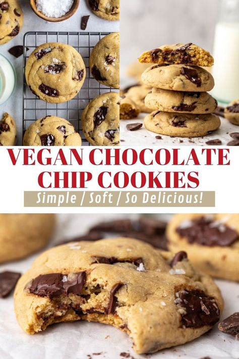 The BEST Vegan Chocolate Chip Cookies- these cookies are SO SIMPLE to make and no one will even know that they're egg-free, dairy-free, and completely VEGAN. Best Vegan Chocolate Chip Cookies, Simple Air Fryer Recipes, Vegan Chocolate Chip Cookie Recipe, Chocolate Chip Cookies Easy, Plant Based Dessert Recipes, Vegetarian Recipes Dessert, Dairy Free Cookies, Vegan Baking Recipes, Gluten Free Chocolate Chip Cookies