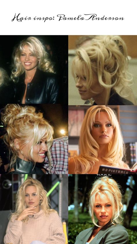 #hair #pamelaanderson Pamela Bangs, Pamela Anderson Bangs 90s, 80s Glam Hair, Pamela Anderson Wedding Hair, 90s Pamela Anderson Hair, Pamela Updo, Blonde Hair Movie Characters, Pamela Anderson 90s Hair, 70s Updo Hair