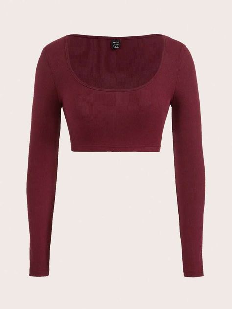 Solid Crop Top, Shein Basics, Scoop Neck Crop Top, Top Shein, Red Crop Top, Shein Outfits, Burgundy Top, Scoop Neck Top, Neck Crop Top