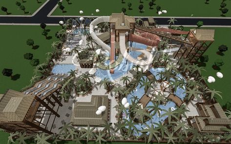 #bloxburg #bloxburgwaterpark #bloxburgsummer Bloxburg Amusement Park Layout, Small Resort Design Plan Layout, Bloxburg Waterpark Ideas, Water Park Bloxburg, Bloxburg Tropical Resort, Bloxburg Resort Ideas, Bloxburg Waterpark Layout, Bloxburg Motel, Bloxburg Park