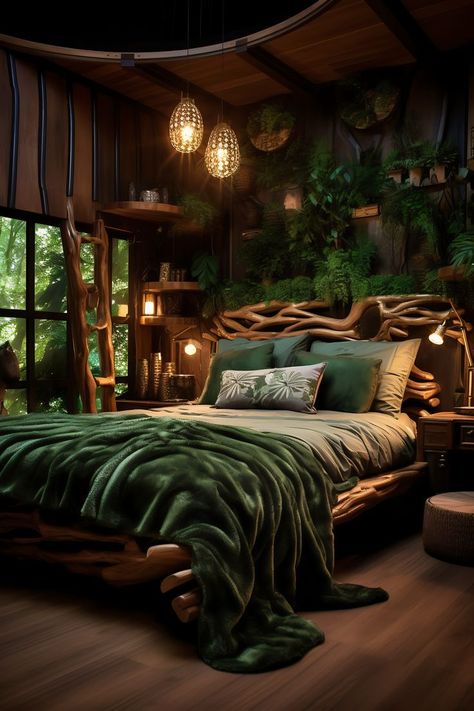 Medium-sized Dark Boho Bedroom with a Forest Green & Oak Color Scheme, featuring Tree Murals, Wooden Furniture, and Forest Art, creating a magical and organic atmosphere. Forest Bedroom Ideas, Forest Green Bedrooms, Dark Boho Bedroom, Bedroom Aesthetic Cozy, Woodland Bedroom, Forest Bedroom, Jungle Bedroom, Dark Boho, Boho Bedroom Design