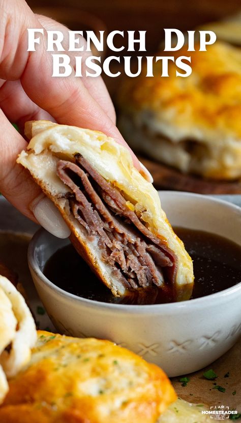 French Dip Biscuits are an easy way to enjoy all the flavors of a French Dip, made with caramelized onions, deli roast beef, and provolone cheese baked in a buttermilk biscuit. Then, beef consomme is heated up for dipping! French Dip Biscuit Recipe, Biscuit French Dip, French Dip Squares, Biscuit French Dip Sandwiches, Roast Beef Biscuits, French Dip Roast Beef, French Dip Biscuits, Roast Beef For French Dip, Tender Roast Beef