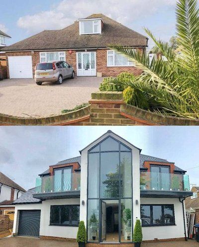 Double height dormer bungalow ideas - IMAGE: @behind_the_glass_door Bungalow Front Porch Ideas, Bungalow Exterior Makeover, Bungalow Porch, Dormer House, Bungalow Conversion, Dormer Bungalow, Bungalow Extensions, Glass Porch, Porch Interior