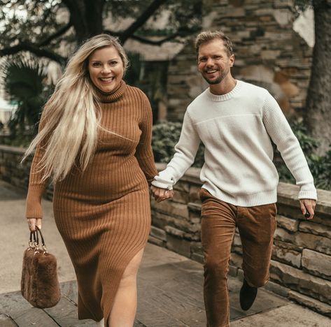 Both these looks are perfect for fall and the holidays plus this dress is so comfy! #holidaylook #nordstrom #coupleoutfits #holidays #hisandhers Couple Pose Plus Size, Plus Size Couple Poses, Plus Size Couples Goals, Plus Size Couple Photoshoot, Fall Couples Outfits, Plus Size Couples, Fall Couple Outfits, Christmas Dressing, Couple Outfit Ideas