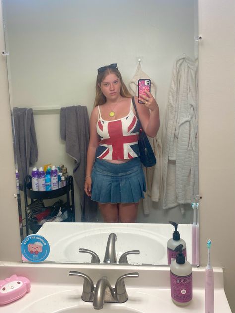 brandy uk british flag tank top pleated light wash denim skirt yellow necklace denim purse bag class outfit inspo idea Pleated Denim Skirt Outfit, Pleated Denim Skirt, Class Outfit, Denim Skirt Outfits, Denim Purse, Yellow Necklace, British Flag, Union Jack, Light Wash Denim