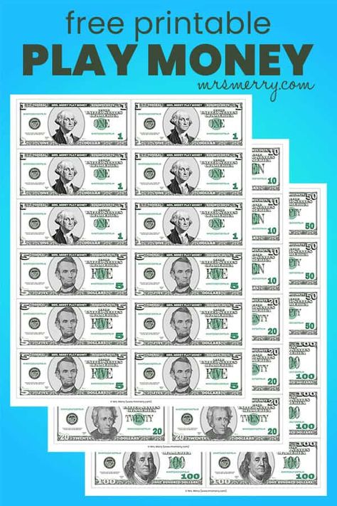 Printable Play Money for Kids - Mrs. Merry Free Printable Play Money, Pretend Restaurant, Fake Money Printable, Play Money Template, Money For Kids, Printable Play Money, Learning Money, Teaching Money, Money Activities