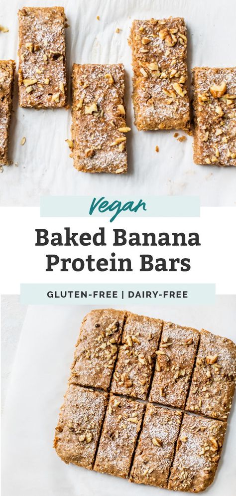 Homemade oven baked protein bars! These banana bread protein bars are packed with flavor. An easy recipe, ready in less than 30 minutes. Soft just like banana bread, but healthy and packed with plant based protein. Vegan, gluten-free and refined sugar-free. Baked Protein Bars, Sugar Free Protein Bars, Banana Protein Bars, Protein Breakfast Bars, Gluten Free Protein Bars, Protein Banana Bread, Healthy Protein Bars, Dairy Free Protein, Banana Snacks