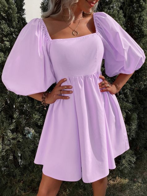 Simple Purple Dress, Pastel Purple Dress, Vestido Color Lila, Purple Dress Outfits, Purple Dress Short, Vestidos Para Baby Shower, Light Purple Dress, Puff Sleeves Dress, Lavender Dresses