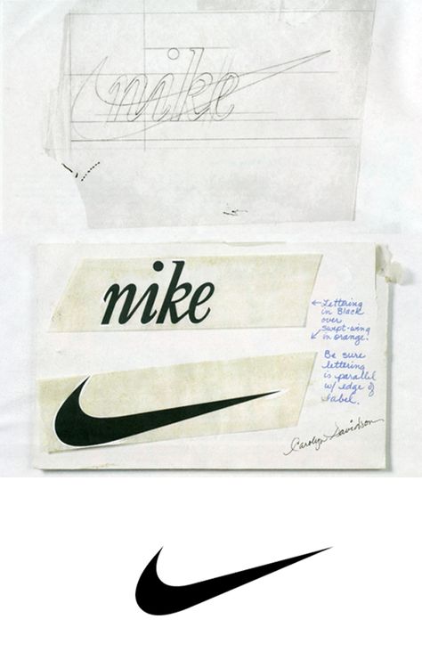 ••LOGO history: how logos stems from sketches: NIKE•• (article on 99designs 2014-05-26) • designer: Carolyn Davidson  1971 Portland State University graphic design student for $35! Founders picked the one “which was the least awful.” Carolyn Davidson Famous Graphic Design, Carolyn Davidson, Old Nike, Nike Poster, Nike Ad, Logo Evolution, Phil Knight, Sport Logos, Adidas Cap