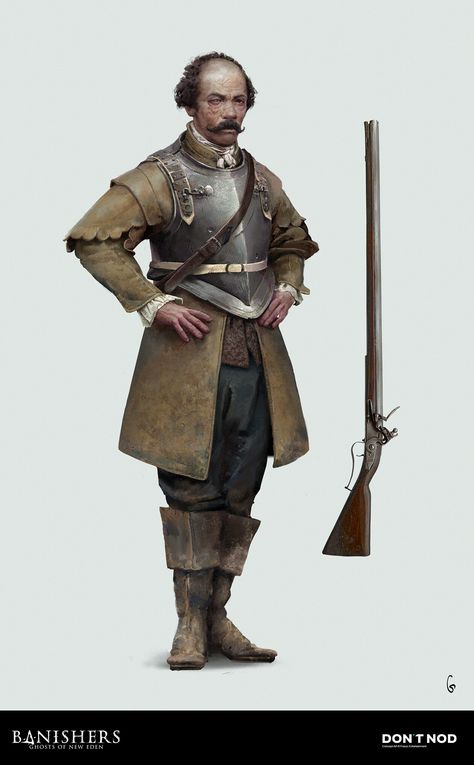 "Concept Art Banishers "fantômes du nouvel eden" Character design " by Basile Gouttenoire Bishop Concept Art, Fantasy Rifleman, Georgian Warrior, Eden Character, Guard Character Design, Medieval Character Art, Adventurer Character Design, Warhammer Old World, Character Qualities