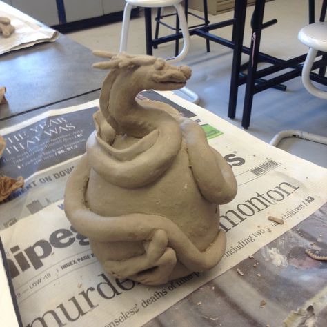 Clay project.  This is a double pinch pot dragon.  The construction process was finished but it still needed to be fired and glazed. Clay Rattles Ideas, Double Pinch Pot Animals, Double Pinch Pot Ideas, Pinch Pot Creatures, Clay Pinch Pot Ideas, Clay Middle School, Clay Goblets, Double Pinch Pot, Clay Rattles