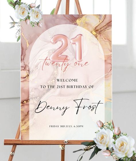 21st Birthday Party Welcome Sign, Swirls Twenty-First Birthday Party Entrance Display, Pretty 21st Party Board, Custom Printed Party Sign Entrance Display, 21st Birthday Sign, Twenty First Birthday, Party Entrance, 21st Birthday Party, 21st Party, Party Welcome Sign, Pool Party Decorations, Birthday Event