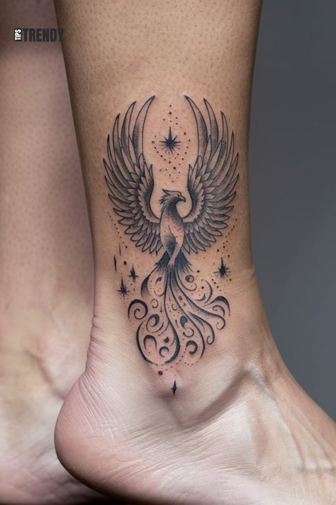 Phoenix rising from ashes tattoo on the ankle Tattoos Phoenix Rising, Ankle Phoenix Tattoo, Phoenix Tattoo For Women Leg, Phinox Bird Back Tattoo, Phoenix Moon Tattoo, Phoenix Rising Tattoo Feminine, Phoenix Rose Tattoo, Rise From The Ashes Tattoo, Pheonix Tattoo For Women On Back