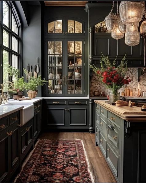 Whitney Hess - I’m a white kitchen girlie but this is too... Light Academia Kitchen, Moody Kitchen, Kitchen 2024, Dark Kitchen, Farmhouse Kitchen Design, Grey Kitchen Cabinets, Kitchen Inspiration Design, Grey Kitchen, Kitchen Inspo