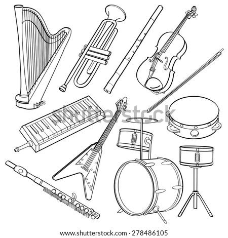 Orchestra Instruments Printable Worksheets Sketch Coloring Page Instruments Drawing, Musical Instruments Drawing, Guitar Illustration, Music Notes Art, Family Coloring Pages, Music Worksheets, Hand Drawn Vector, Drawing Images, Drawing Set