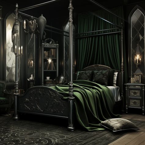 Slytherin Bedroom Aesthetic, Slytherin Room Decor, Slytherin Bedroom, Manor Bedroom, Slytherin Room, Bedroom Aesthetic Dark, Manor Aesthetic, Hogwarts Room, Slytherin Common Room