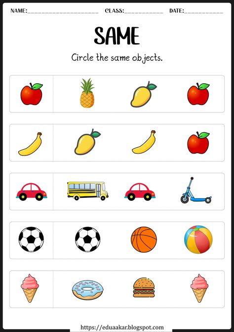 Same and Different Worksheets for Kids: Develop Cognitive Skills with Fun Maths Concepts For Preschoolers, Nursery Study Material, Logical Worksheets For Kindergarten, Playschool Worksheets, Evs Worksheet For Lkg, Lkg Worksheets Maths, Kindergarden Activities English, Nursery Worksheets Preschool English, Nursery Class Activities