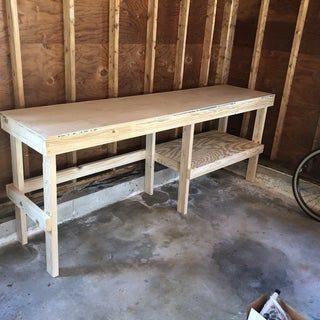 Garage Table Diy, Work Bench Plans How To Build, Shed Table Work Benches, Garage Workbench With Storage, Diy Shed Workbench, Small Garage Work Bench, Shed Bench Workbenches, Workshop Bench Plans, Workbench Legs Ideas