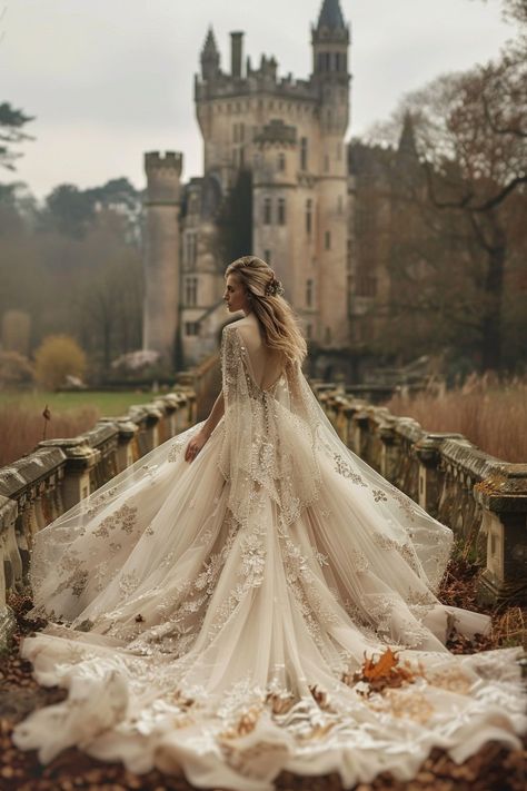 10 Fairytale Wedding Dress Inspirations To Fuel Your Dreams! Fairy Tell Wedding Dress, Irish Castle Wedding Dress, Once Upon A Time Wedding Dress, Ophelia Wedding Dress, Megara Wedding Dress, Wedding Fairytale Dress, Wedding Dress Mystical, Wedding Dress Castle, Wedding Dresses Castle