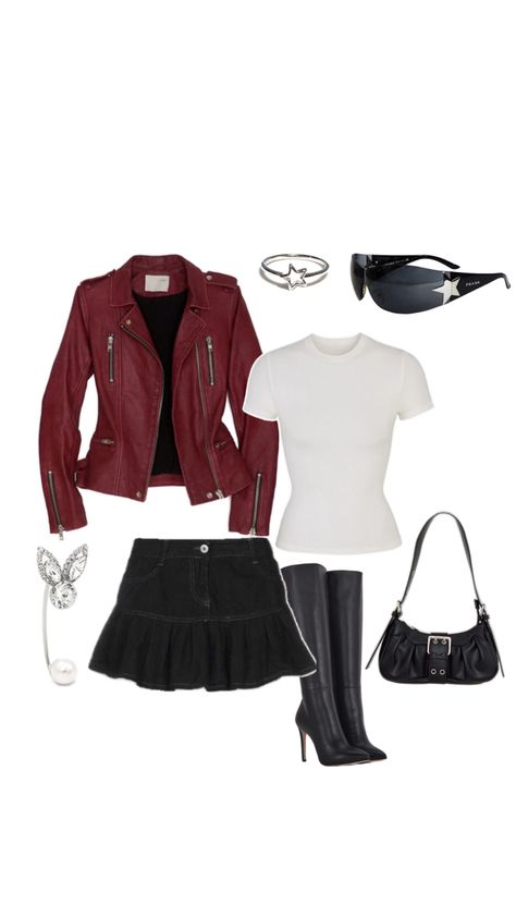 Dark Red Skirt Outfit, Dark Red Aesthetic Outfit, Burgandy Outfits Aesthetic, Red Outfit Collage, Dark Red Outfit Aesthetic, Red Inspired Outfits, Biker Aesthetic Outfits, Cherry Red Clothes Aesthetic, Dark Red Coquette Outfits