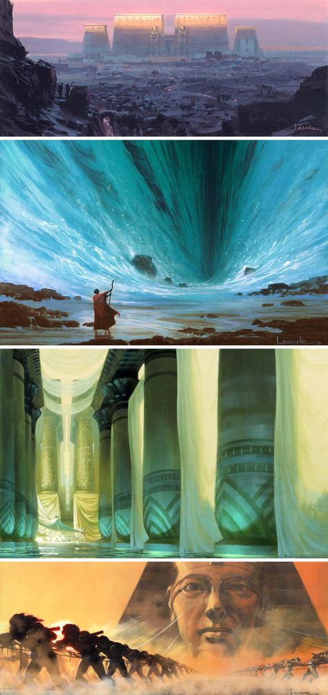 Concept art by Paul Lasaine for the 1998 DreamWorks film, The Prince of Egypt Paul Lasaine, Movie Concept Art, Concept Art Landscape, The Prince Of Egypt, Egypt Concept Art, Prince Of Egypt, Arte Robot, Art Disney, Dreamworks Animation