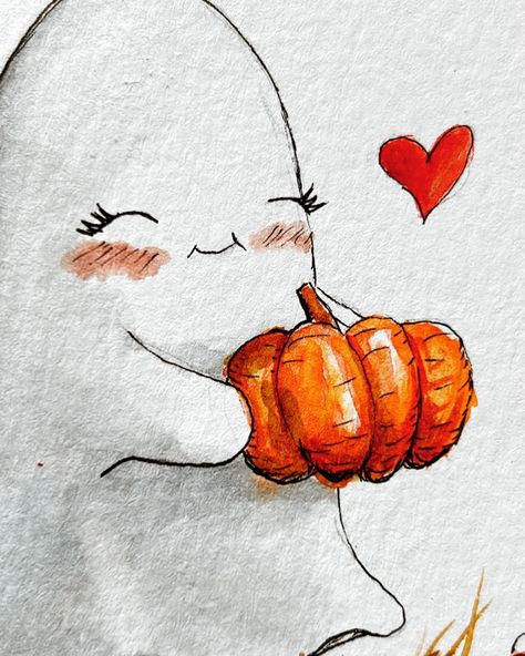 Ghost holding pumpkin Fall Art Journal Pages, Spooky Watercolor Paintings, Ghost In Pumpkin Patch, Halloween Watercolors, Watercolor Halloween Art, Halloween Pictures To Draw, Halloween Watercolor Painting, Cute Ghost Drawings, Pumpkin Halloween Art