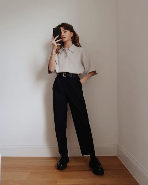 Black Slacks Sneakers Outfit, Classy Skater Outfit, Dark Office Outfits Women, Queer Fem Outfits, Business Casual Dark Academia, Masc Semi Formal Wear, Dissertation Defense Outfit, Retro Work Outfit, Chloe Hayward Outfits