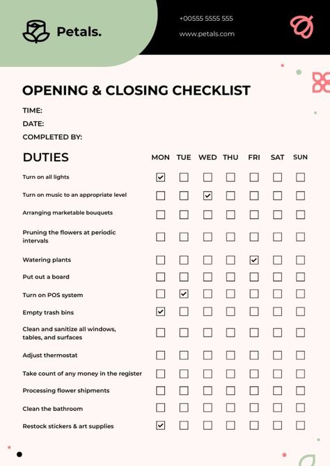 Geometric Petals Florists Opening And Closing Checklist Closing Checklist, Flower Shop Design, Gratitude Journal Prompts, Open Shop, Checklist Template, Brand Kit, Work Ideas, Gratitude Journal, Sticker Art